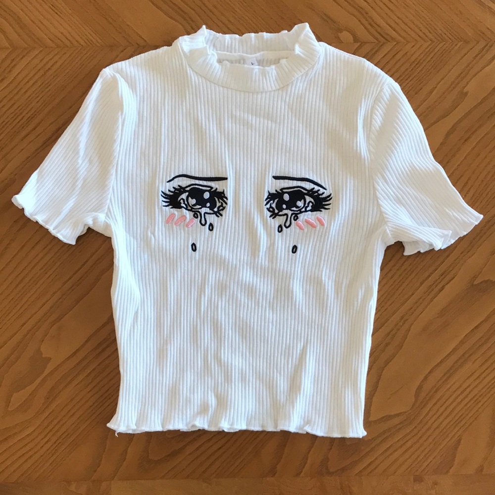 Short-Sleeve Eye Embroidered Ribbed T-Shirt, L